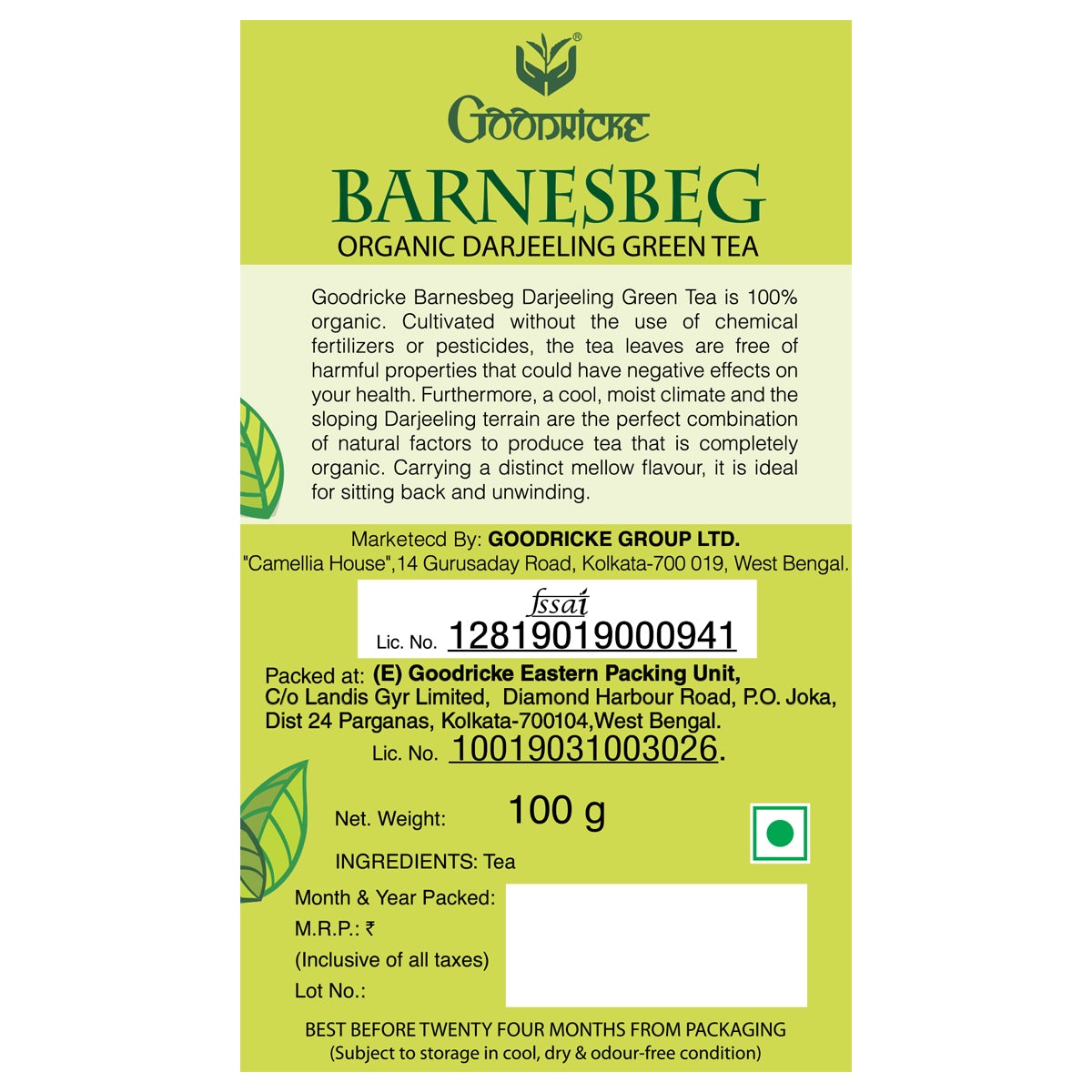 Barnesbeg Organic Darjeeling Green Tea - 100 gms (Pack of 5)